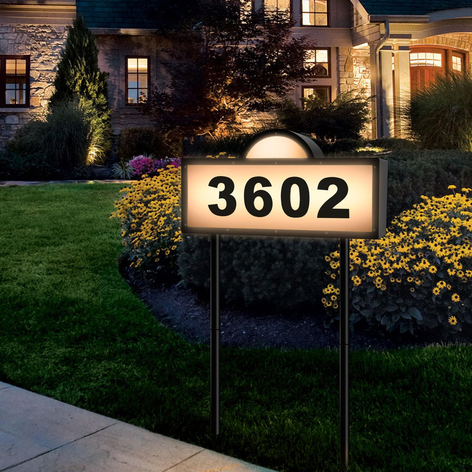 GEYUEYA Home solar address sign on wall with warm white lighting for night visibility