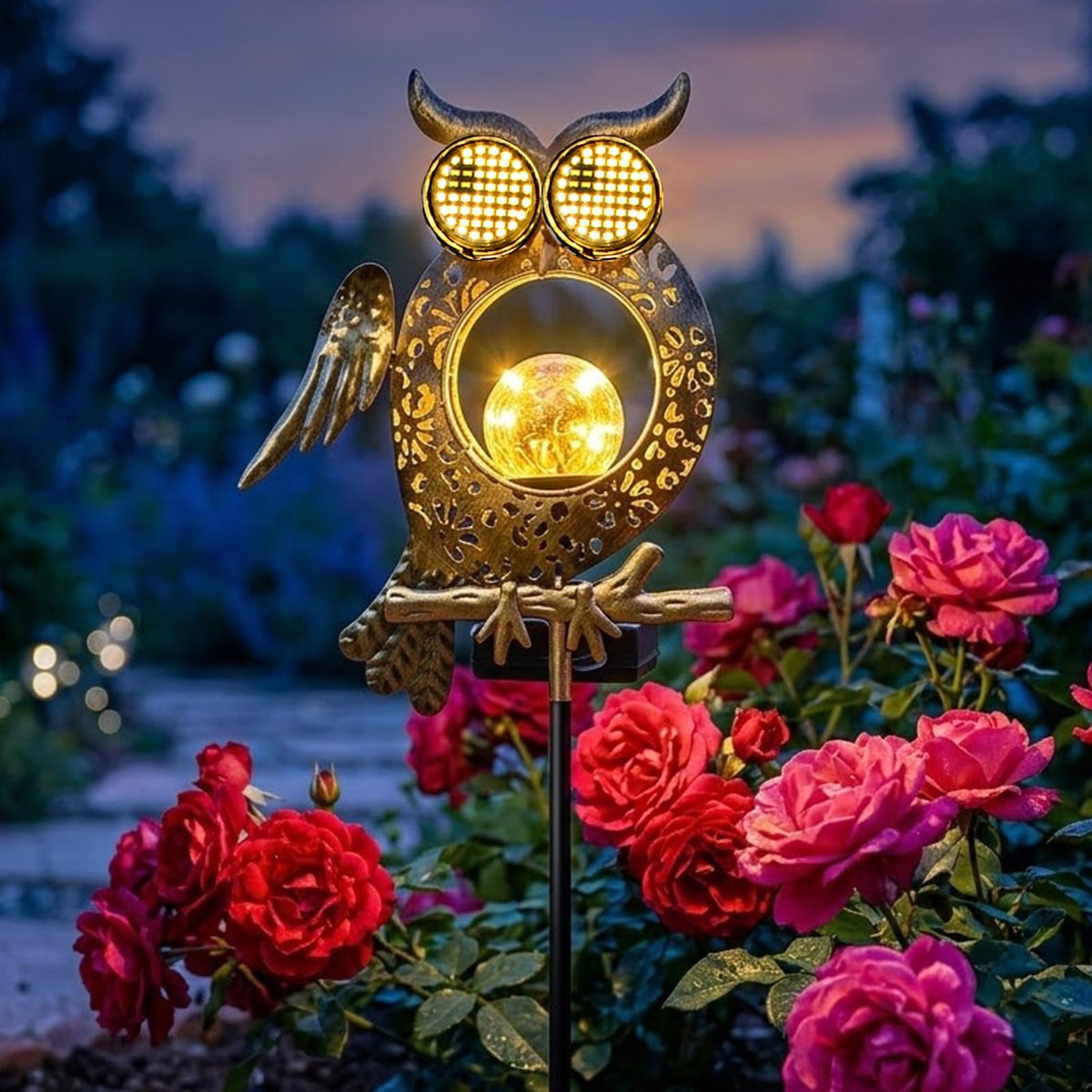 GEYUEYA Home solar owl light outdoors provides pathway illumination with charming motion.