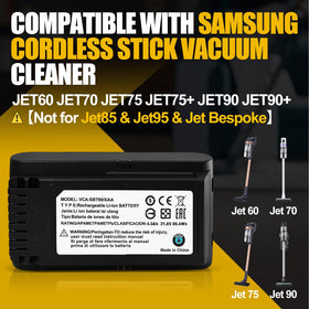 GGBON high-capacity battery for Samsung Jet60-Jet90, supports longer cleaning sessions