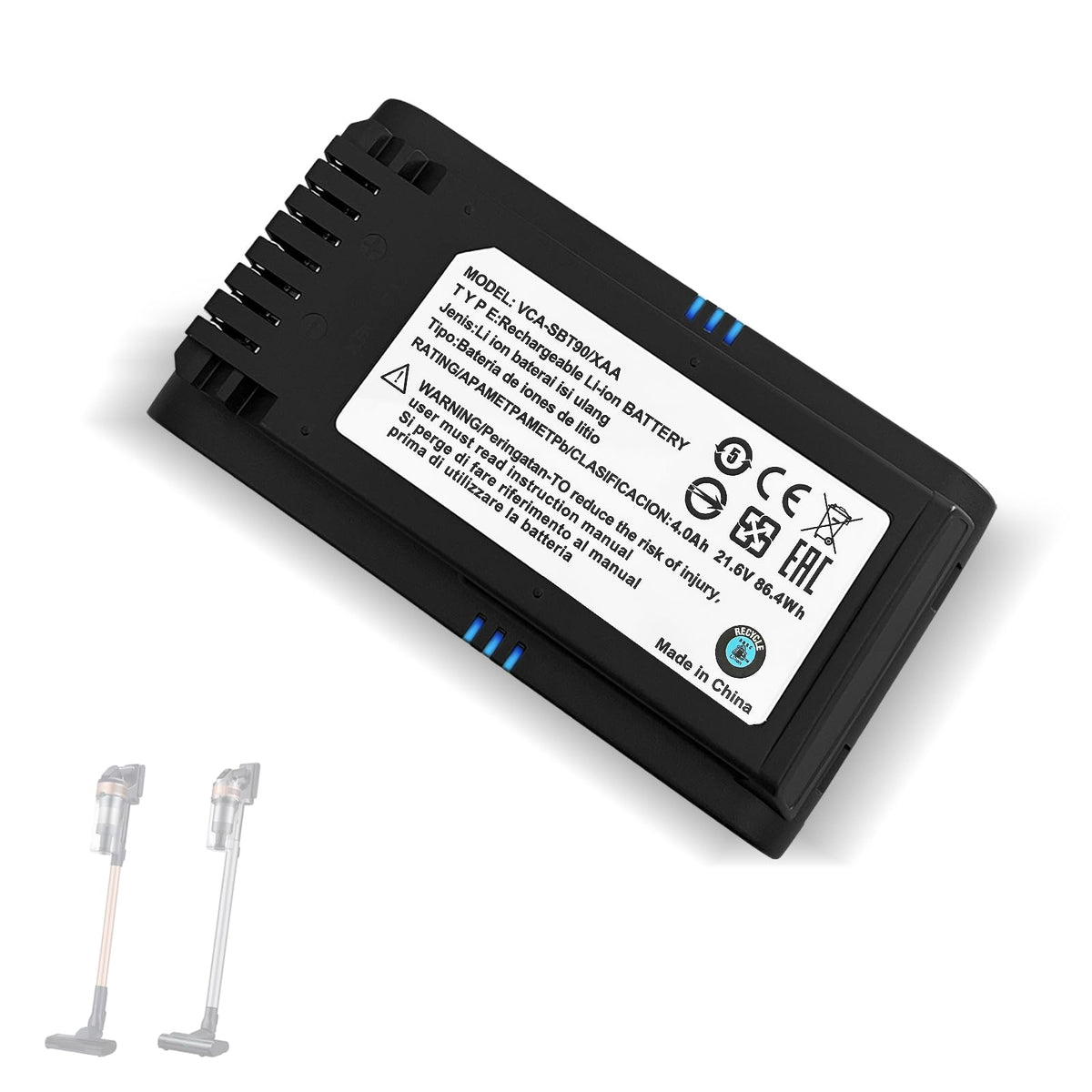 GGBON replacement battery for Samsung Jet60-Jet90, exterior shot showing extended power potential
