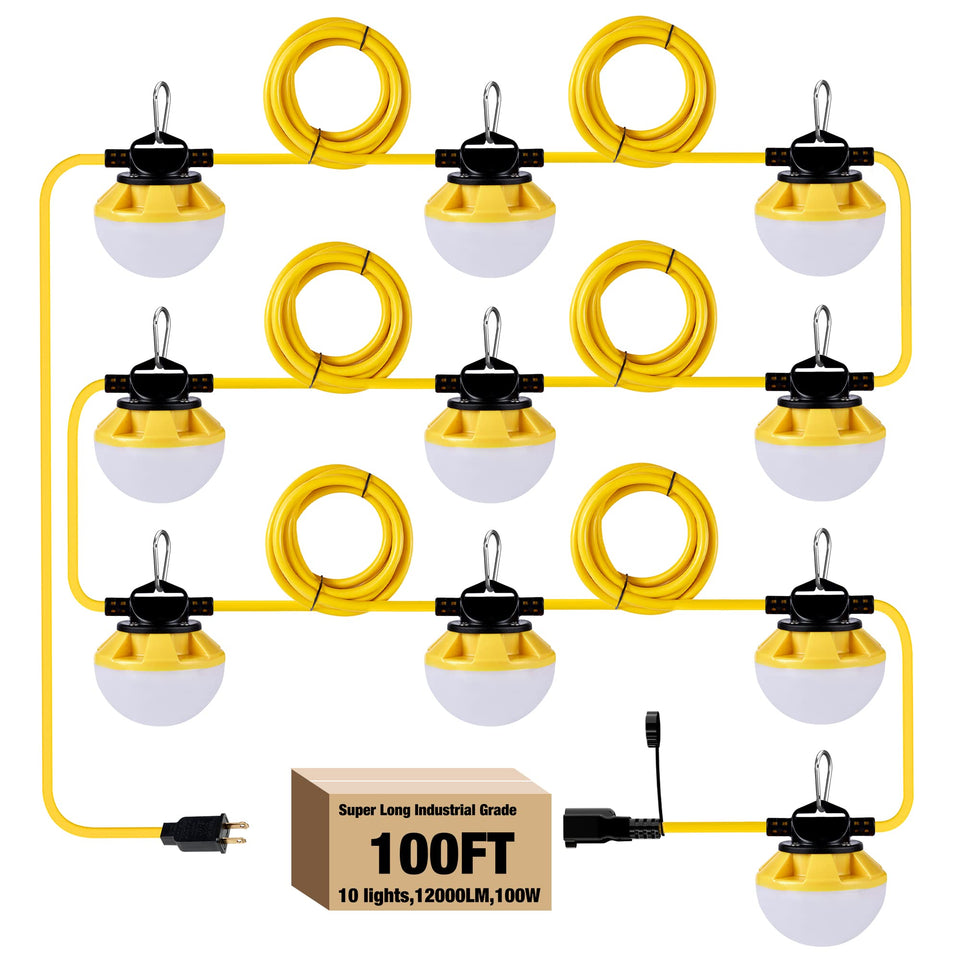 G GJIA 100ft construction lights with 10 bulbs for wide-area jobsite illumination.