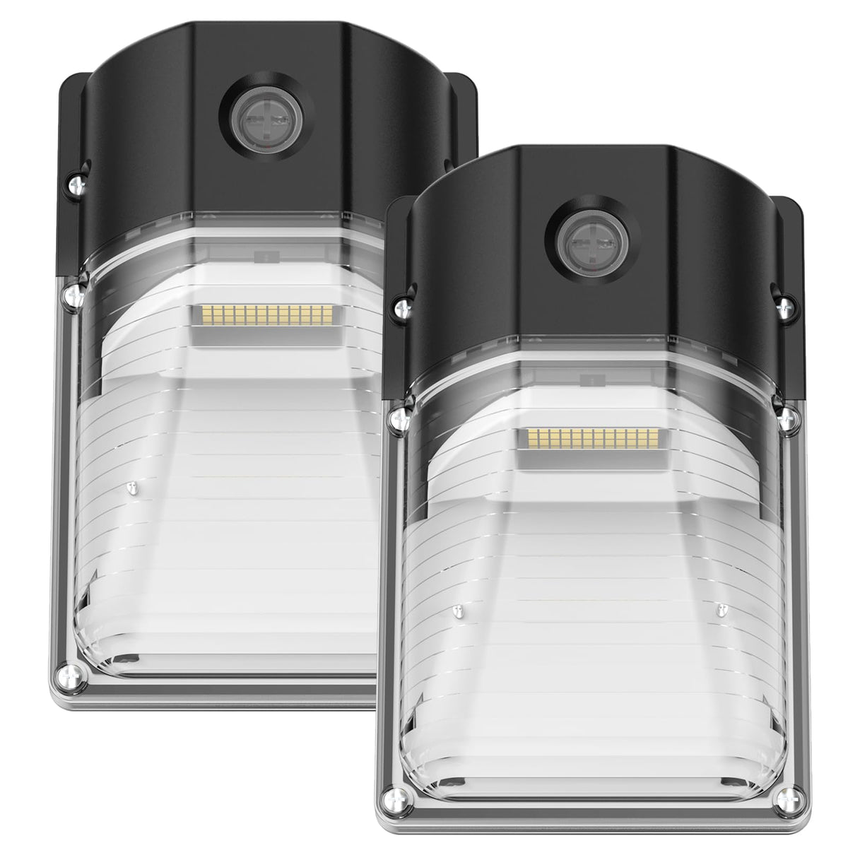 G GJIA 30W LED Wall Pack in dusk-to-dawn mode provides automatic exterior lighting.