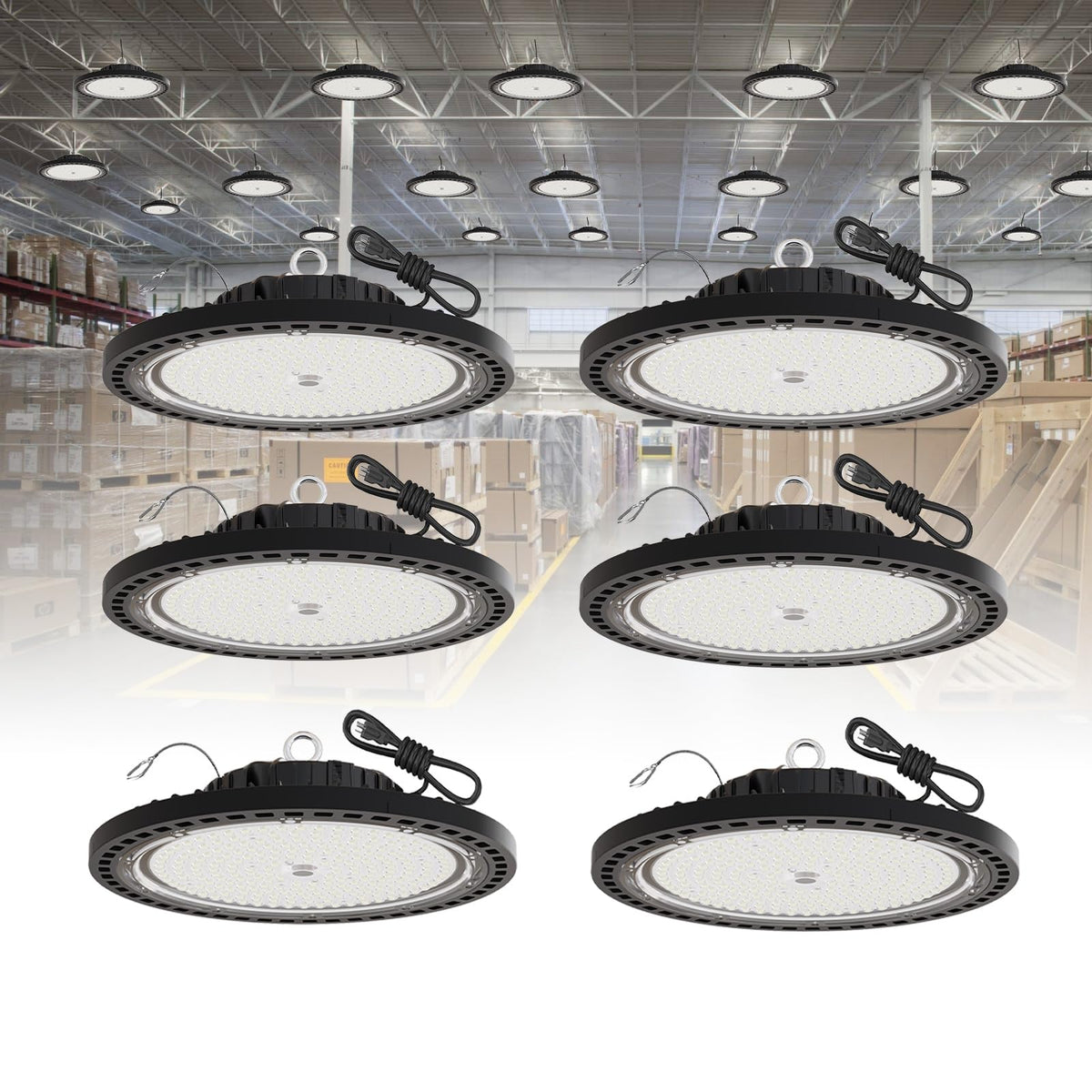 GGTH UFO LED high bay 200W front view with bright, wide beam for large areas.