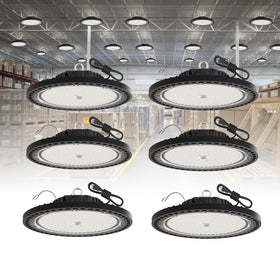 GGTH UFO LED high bay 200W front view with bright, wide beam for large areas.