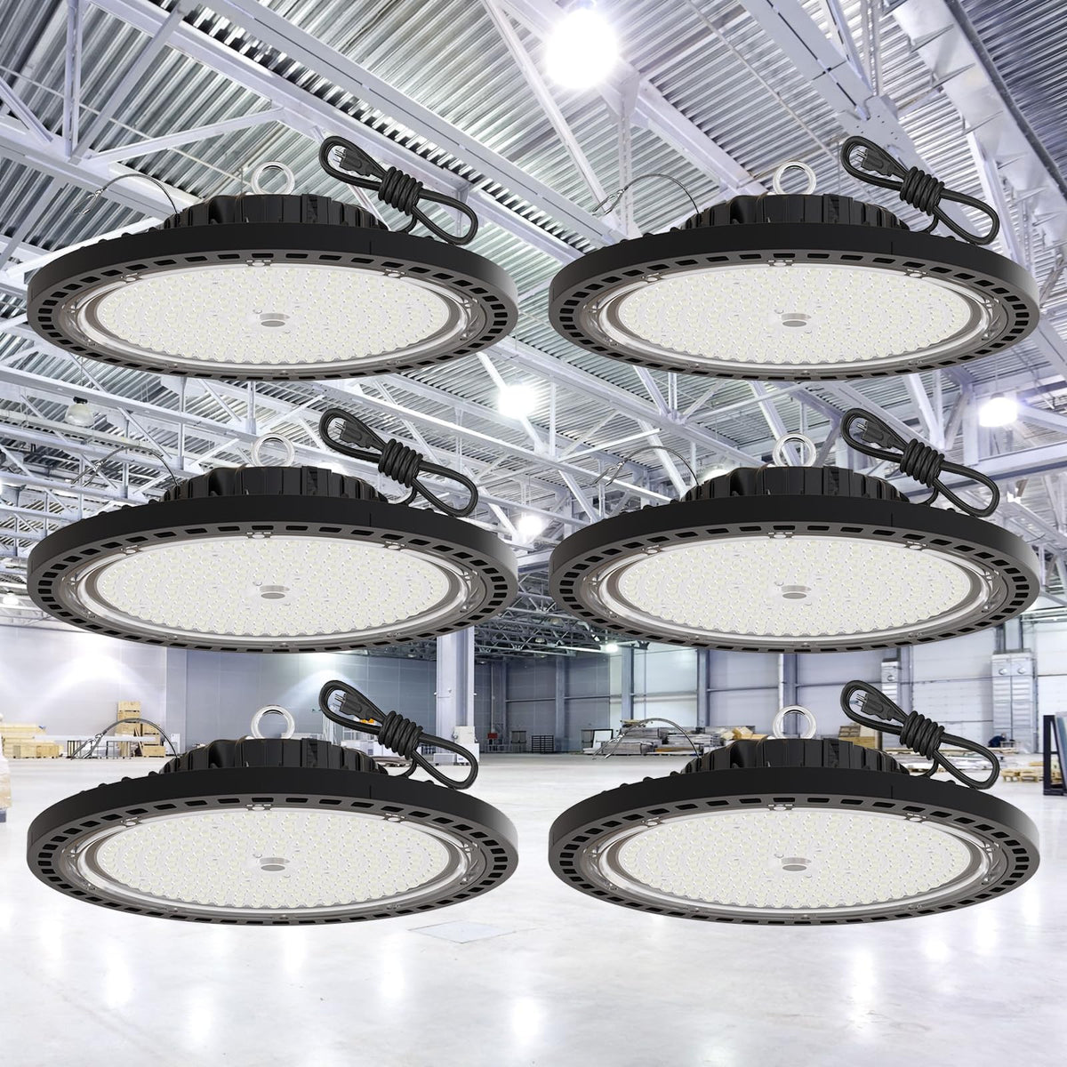 GGTH UFO LED high bay 200W side-angle showing robust heat-dissipation design.
