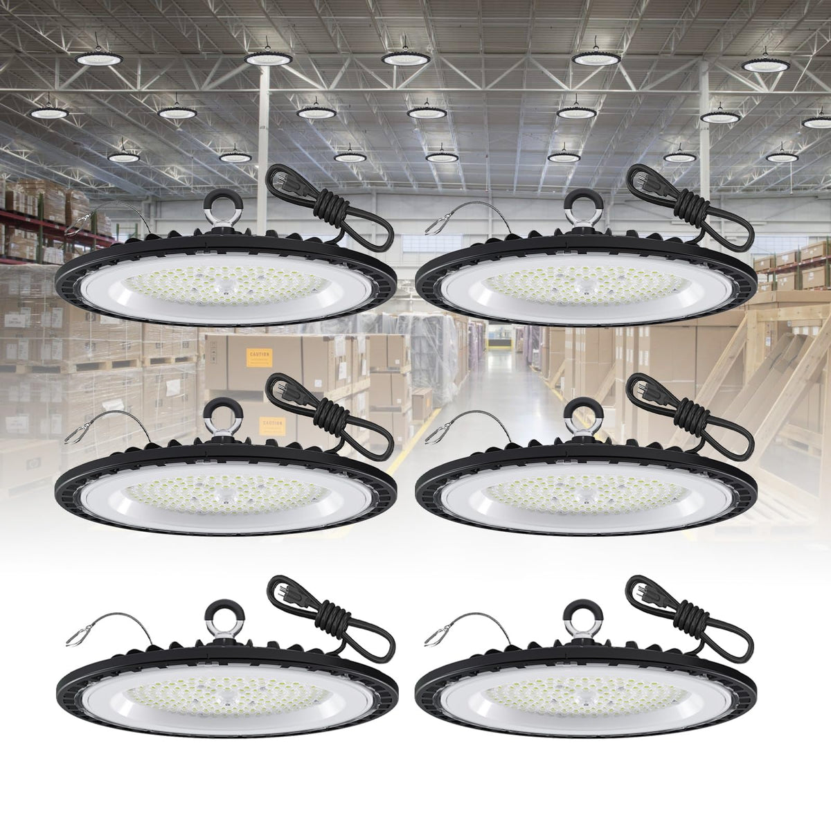 GGTH UFO LED high bay light 200W front view for bright warehouse illumination.