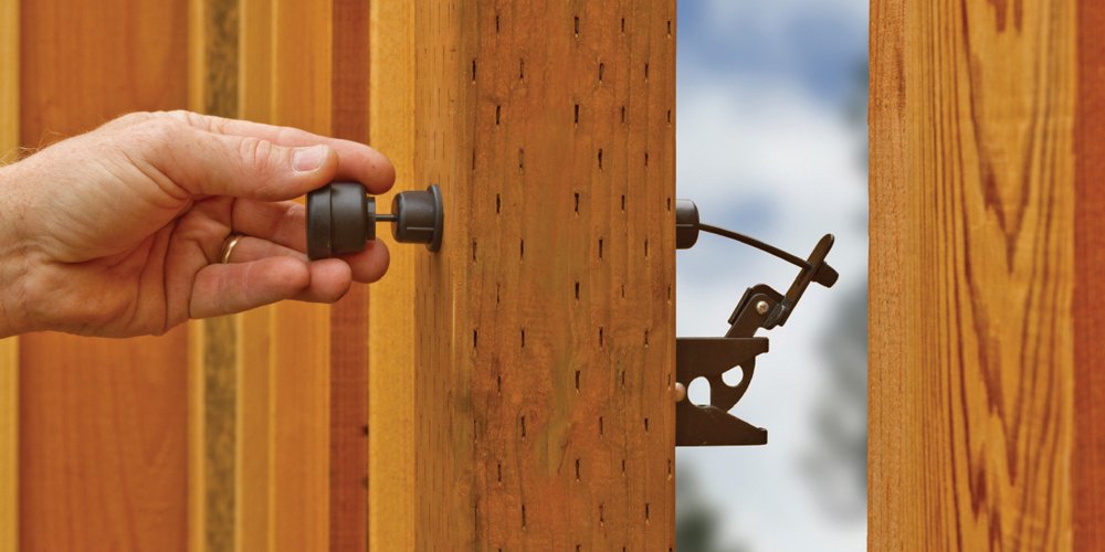 GH Gate Latch Pull system installation on wooden post.