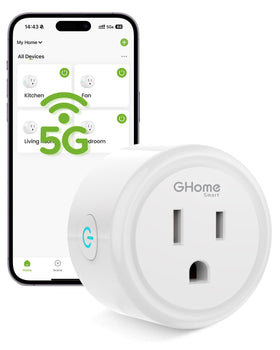 GHome Smart 5G outlet front view, compact design for space saving and reliable Wi‑Fi.