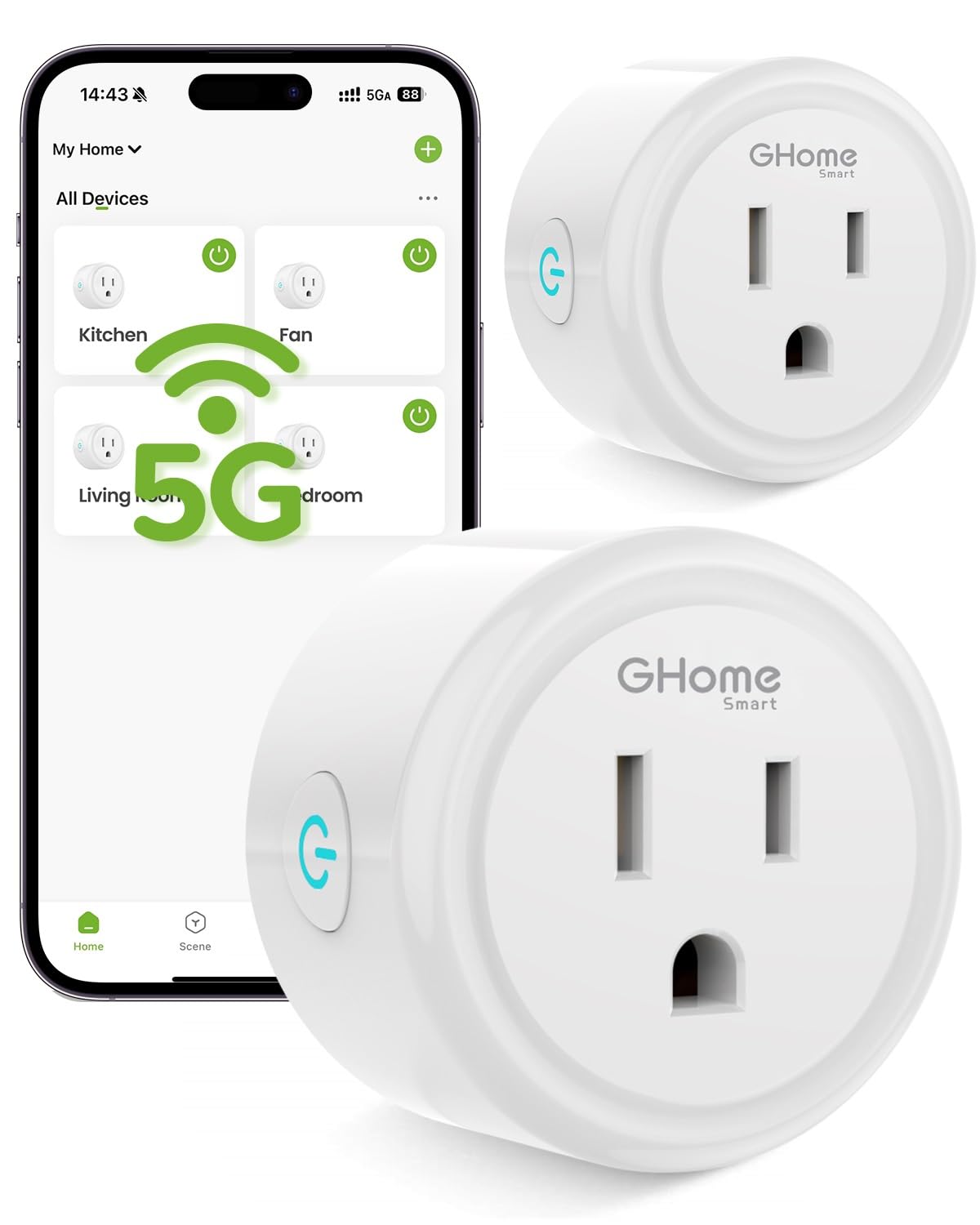 GHome Smart 5G WiFi smart plug visible in wall outlet for seamless remote control