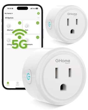 GHome Smart 5G WiFi smart plug visible in wall outlet for seamless remote control