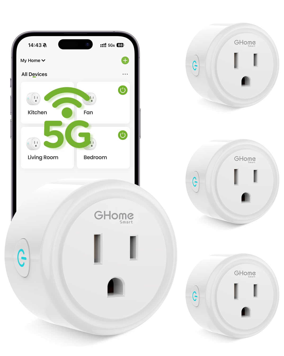 GHome Smart 5GHz-15A outlet front view shows compact plug.