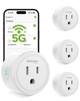 GHome Smart 5GHz-15A outlet front view shows compact plug.