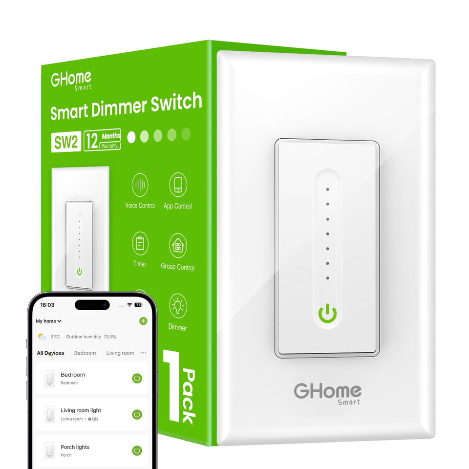GHome Smart dimmer switch front view with smooth touch control for precise brightness.