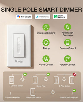GHome Smart dimmer switch wall plate style enables clean installation.