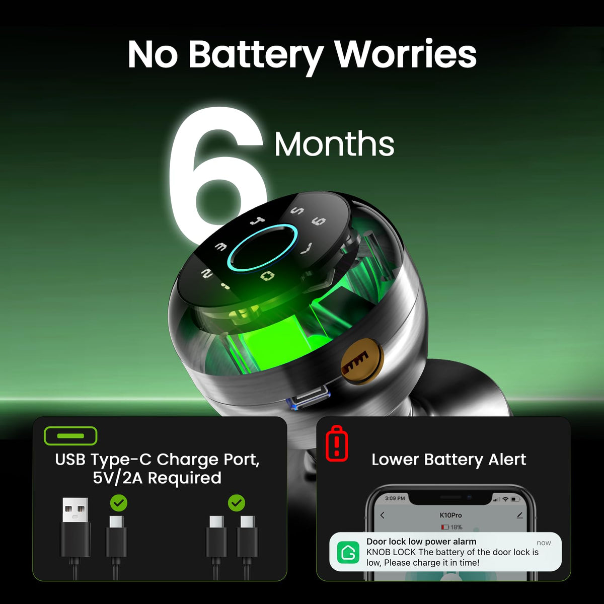 GHome Smart door lock battery charging display emphasizes long life.