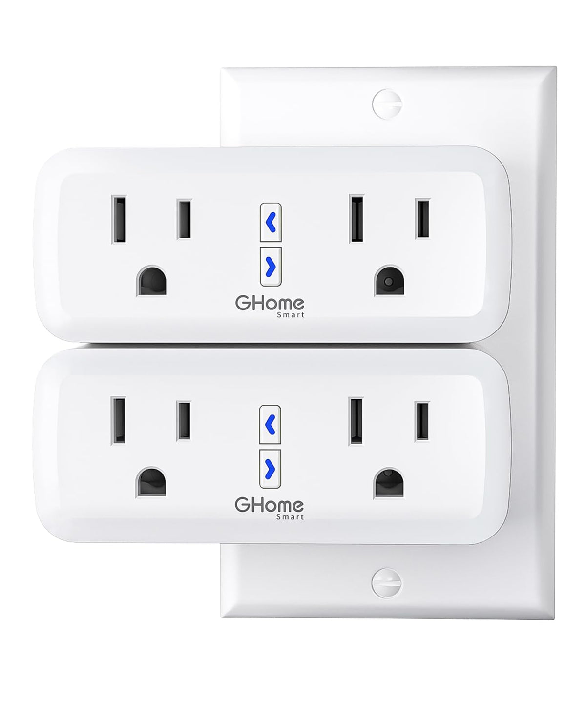GHome Smart Dual Plug front view showing two independent outlets for different devices.