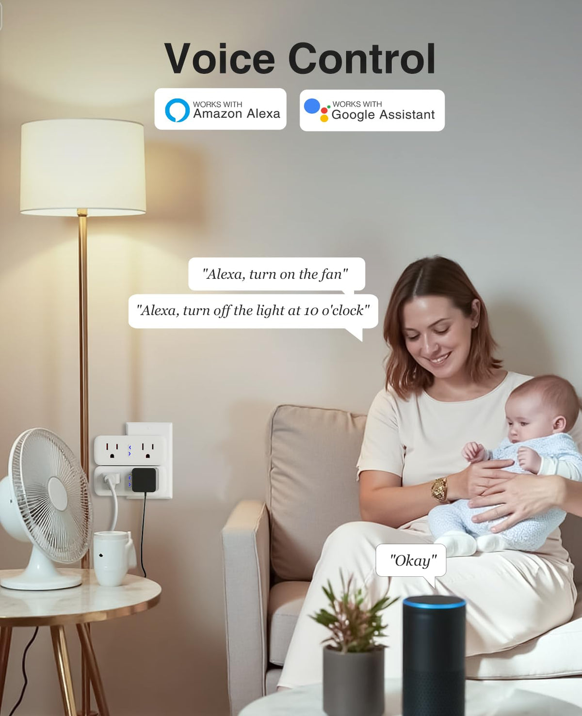 GHome Smart Dual Plug voice control with Alexa and Google Home for hands-free operation.