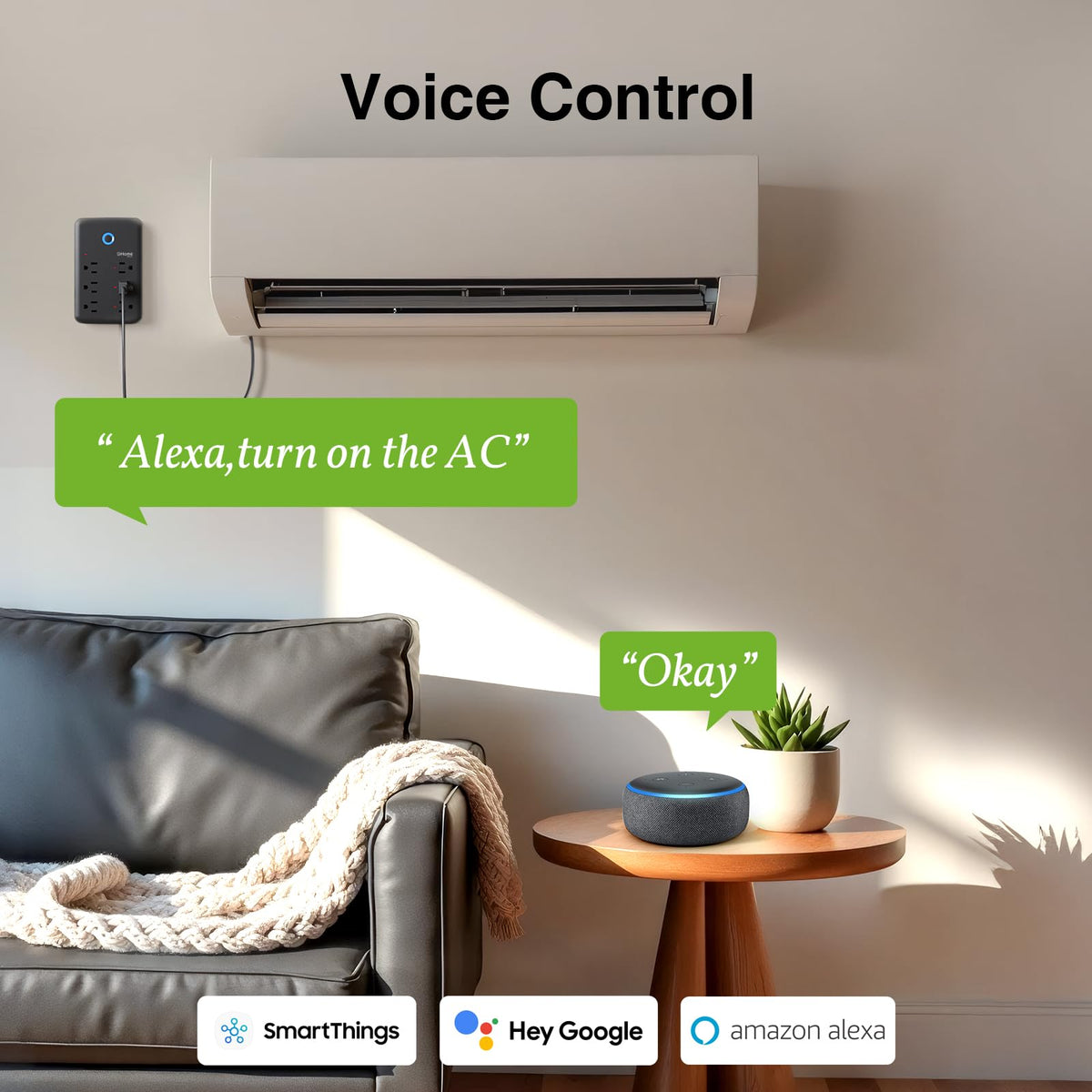 GHome Smart Plug Outlet Extender shows 3 smart outlets for flexible device control.