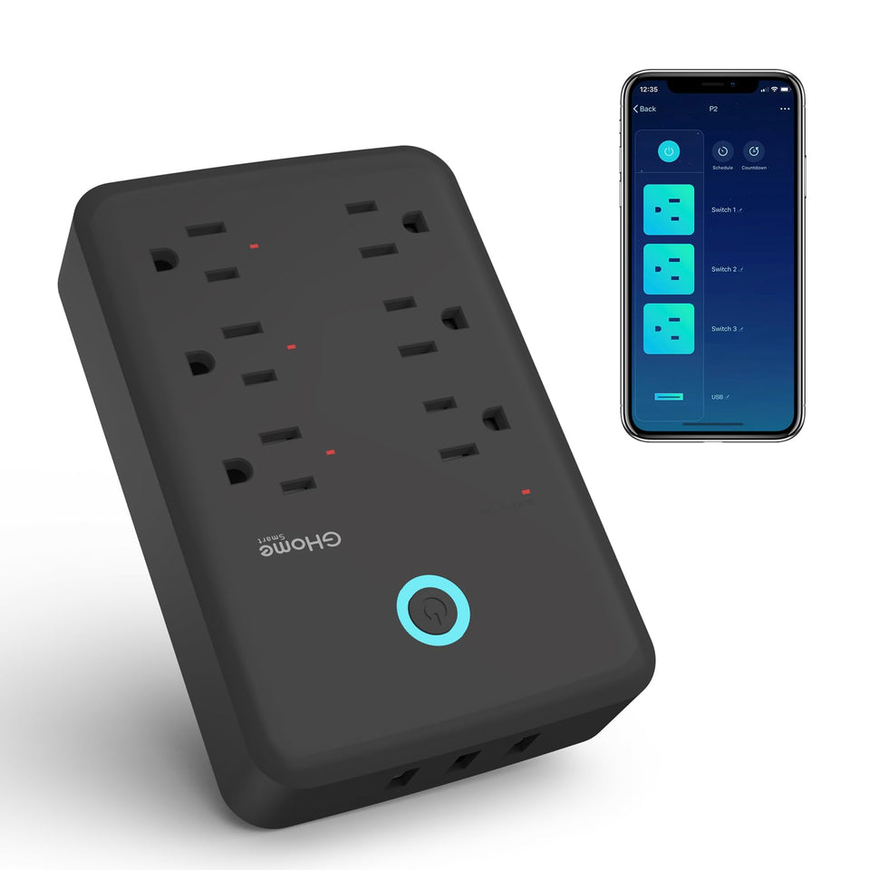 GHome Smart Plug Outlet Extender front view, compact design for space-saving organization.