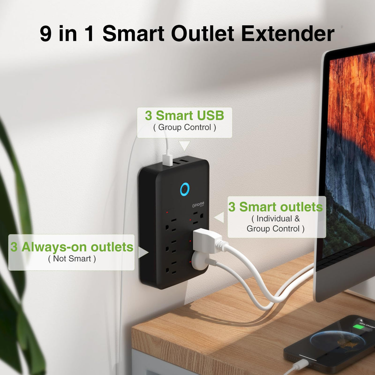 GHome Smart Plug Outlet Extender wall-mount setup saves desk space in kitchen or office.