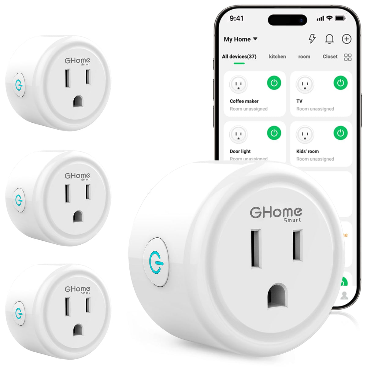 GHome Smart Plug in wall outlet, easy power control for lamps and devices.