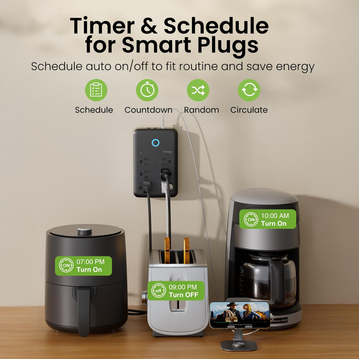 GHome Smart Power Strip's always-on outlets power essential gear continuously.