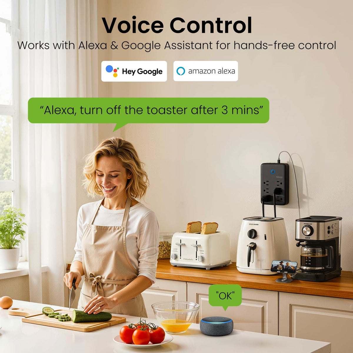 GHome Smart Power Strip's individually controlled outlets manage separate devices efficiently.