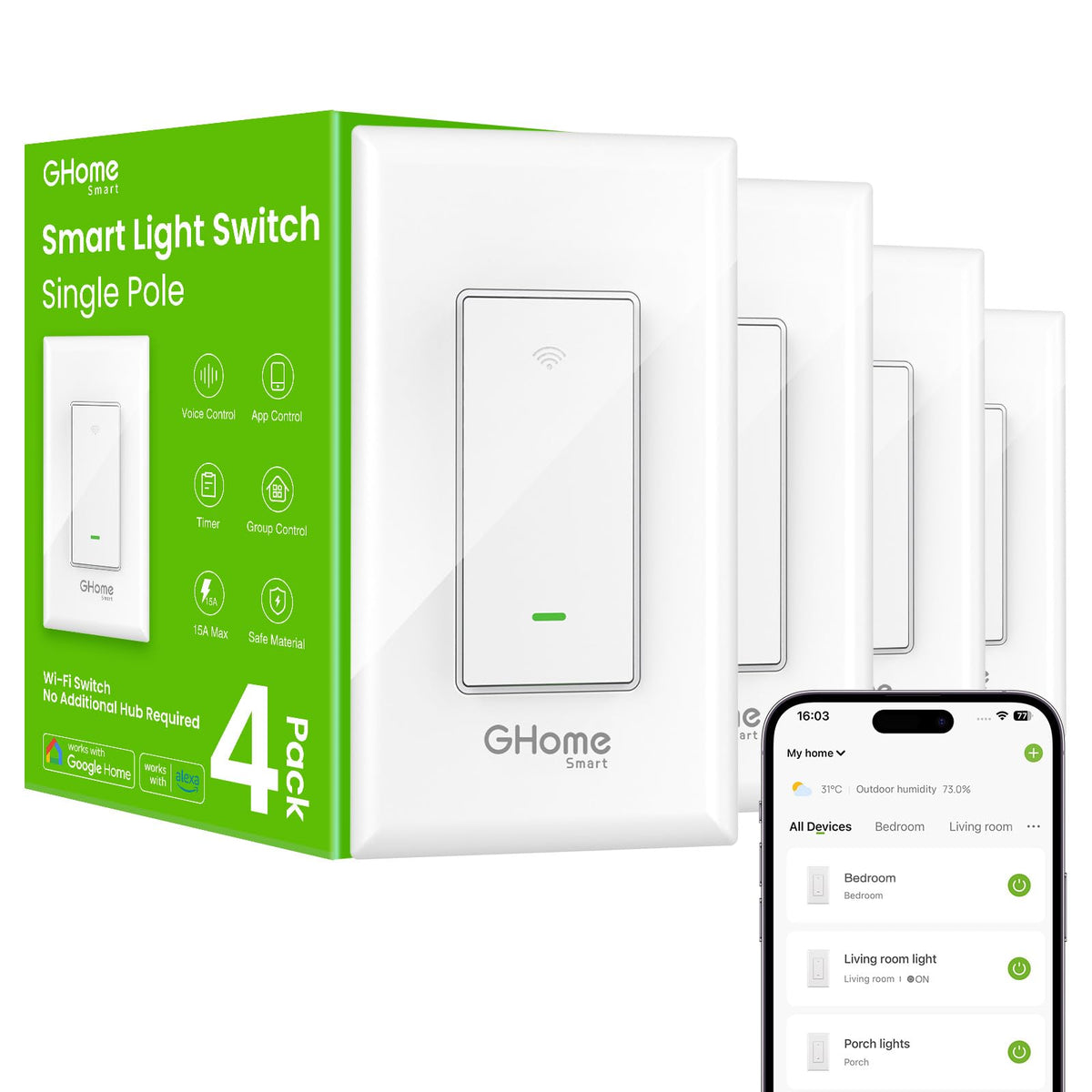 GHome Smart Switch front view highlights compact design for seamless wall integration.