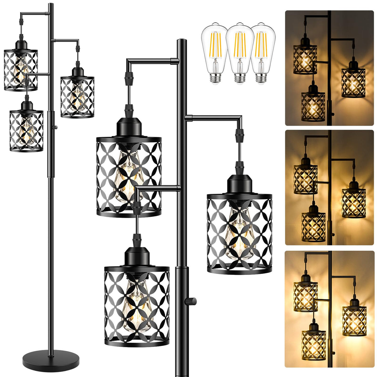 GHOOCEMLUX dimmable floor lamp with metal cage for warm reading light.