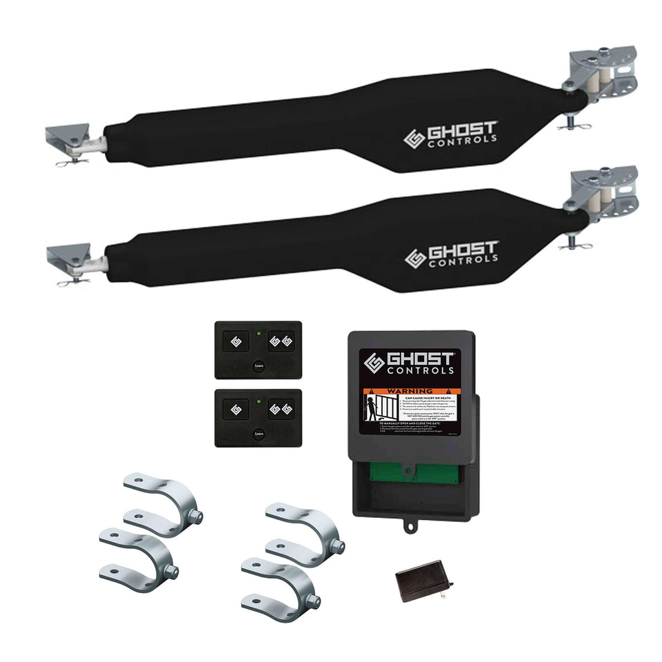 Ghost Controls TDS2 dual-gate opener arms installed for seamless automation.