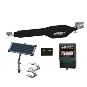 Ghost Controls TSS1XP kit front view showing complete solar gate opener setup for driveways