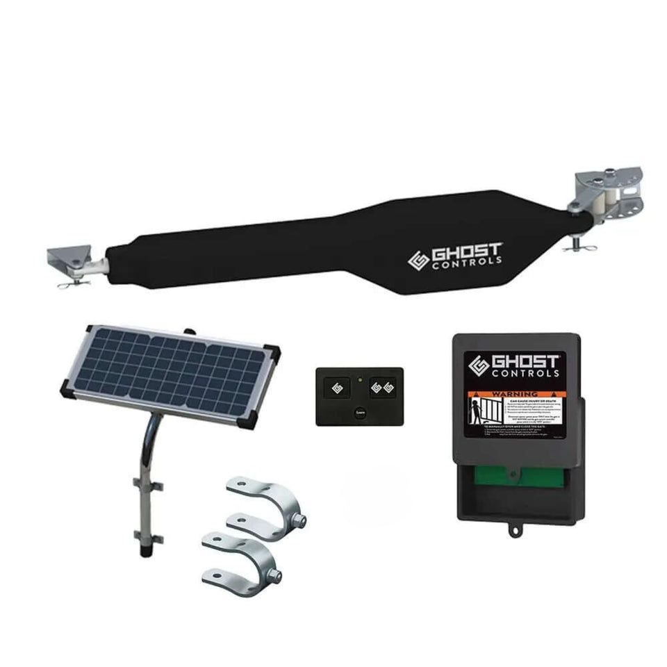 Ghost Controls TSS1XP kit front view showing complete solar gate opener setup for driveways