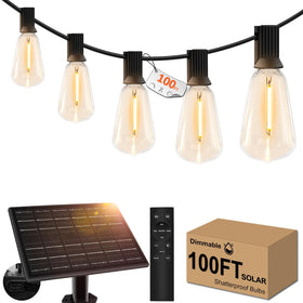 GHUSTAR 100ft solar string lights illuminate patios with energy-saving solar power.