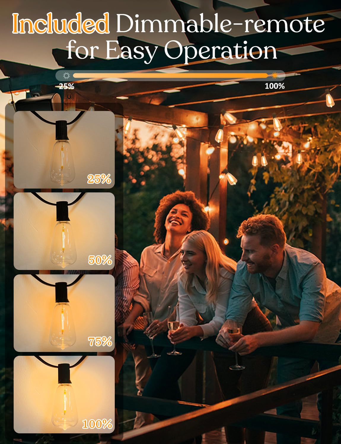 GHUSTAR ST38 dimmable bulbs allow adjustable brightness for evenings outdoors.