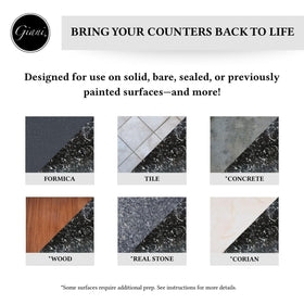 Giani roller application demonstrates even, high-gloss color on countertops