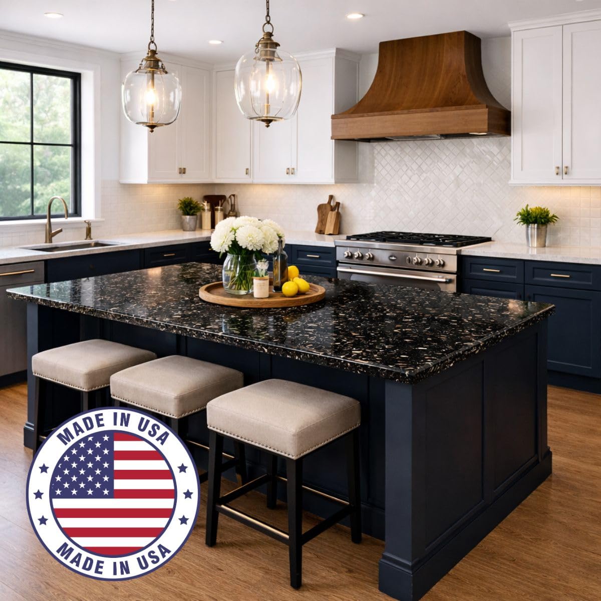 Finished Giani Bombay Black countertop shows deep color and durable shine