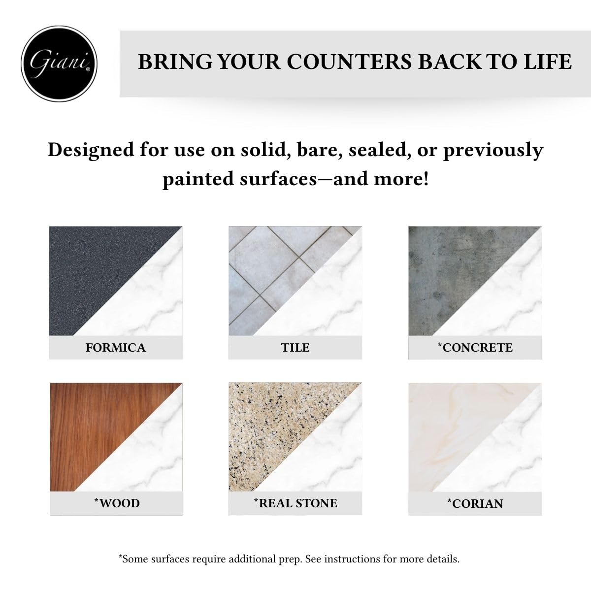 Giani color mix quartz-look blends for authentic marble aesthetics.