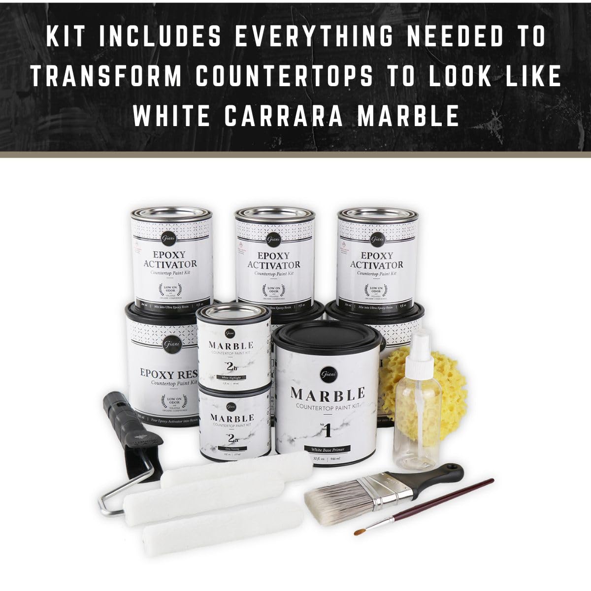 Giani Marble kit tools included for a complete, mess-free countertop makeover.