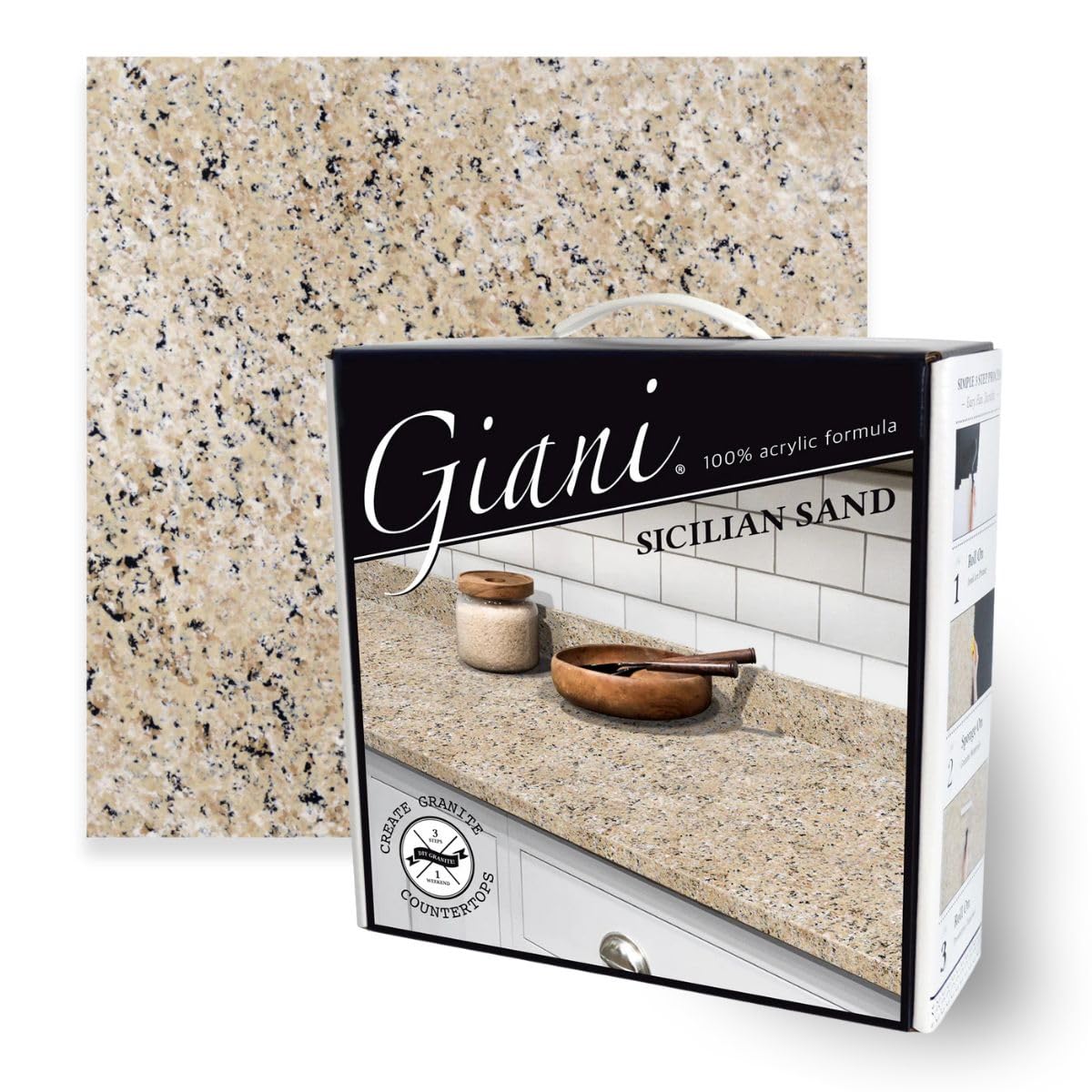 Giani Sicilian Sand bottle pour illustrates the granite-look finish in progress.
