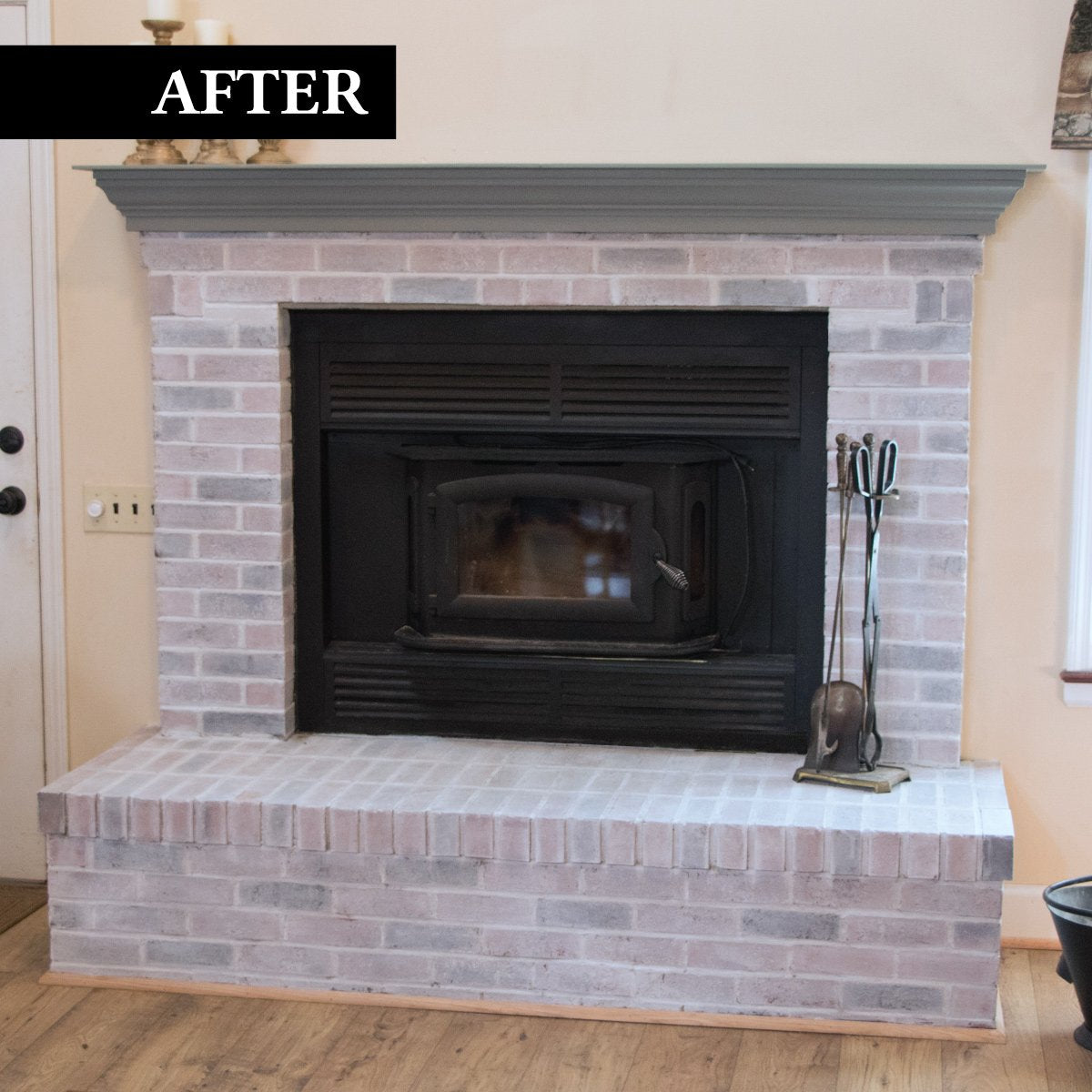 Giani whitewashed brick on a fireplace creates a refreshed focal centerpiece.