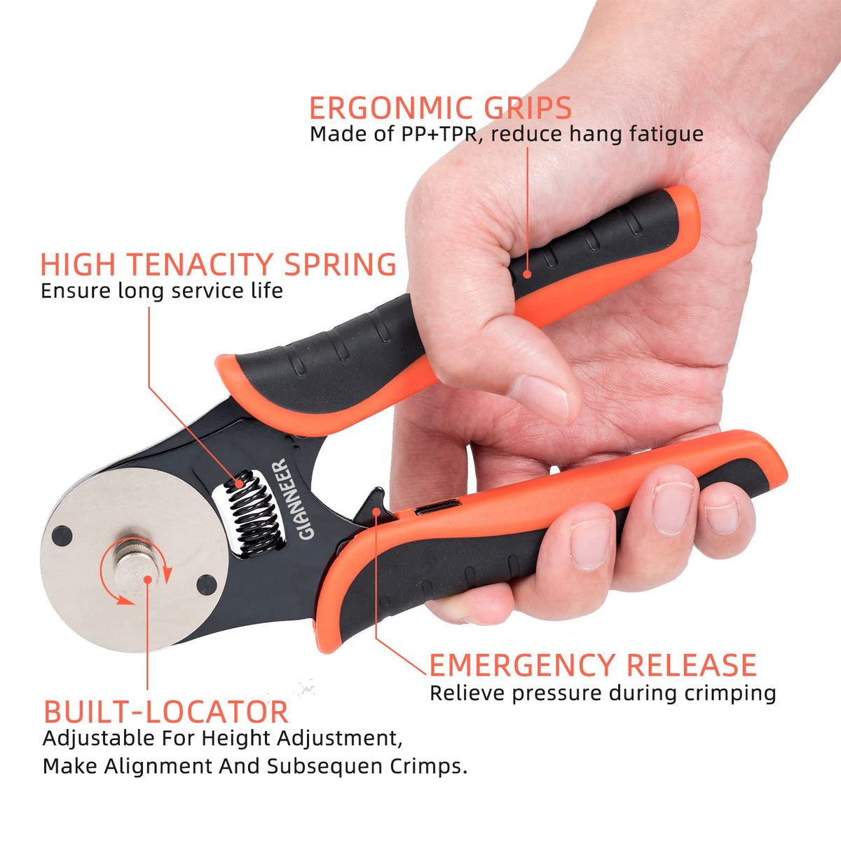 GIANNEER PP+TPR handles offer comfortable grip during crimping
