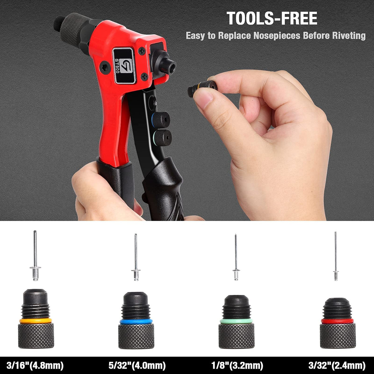 GIANTISAN rivet gun color-coded heads allow tool-free changes.