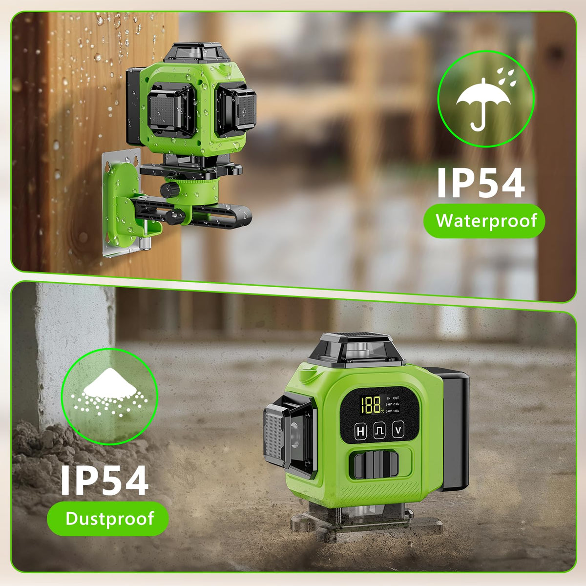 GiBiMoFi green laser lines shown with remote control for quick adjustments.