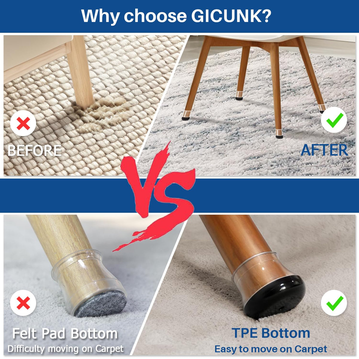 GICUNK chair leg protector showcases a clear silicone overlay for protection.