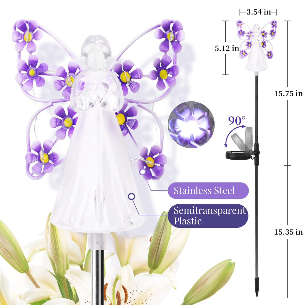 GIGALUMI 2-pack solar angel stakes require no wiring or electricity.