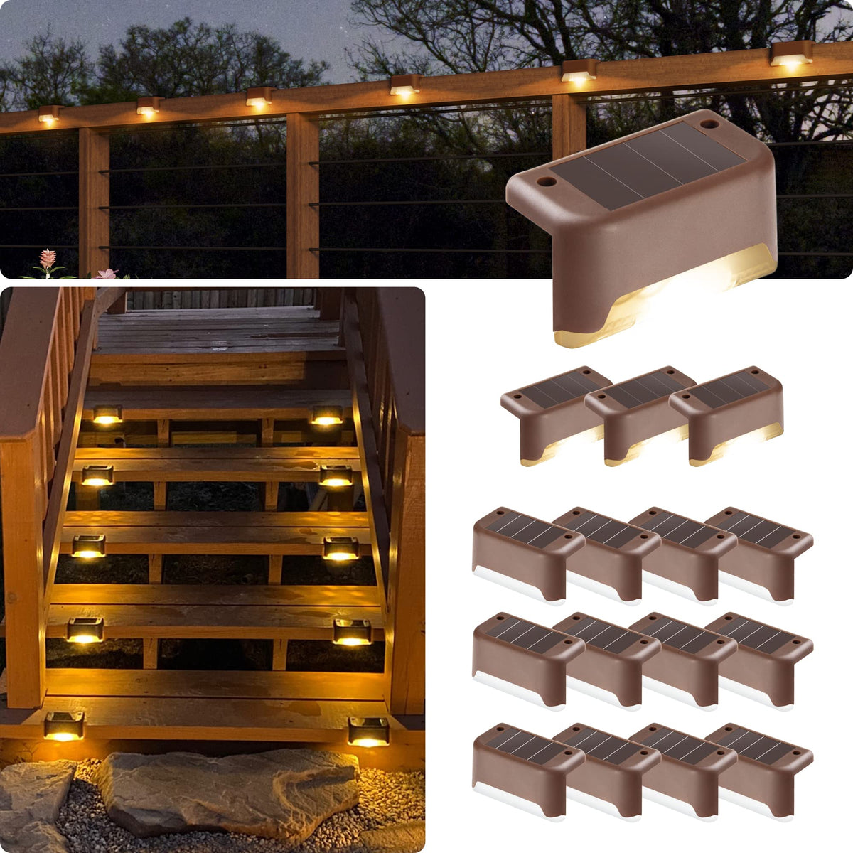 GIGALUMI warm-white LED solar deck light on stairs enhances night safety.