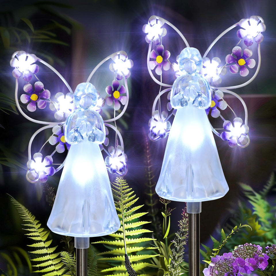 GIGALUMI solar angel garden stake lights light up walkways at night.