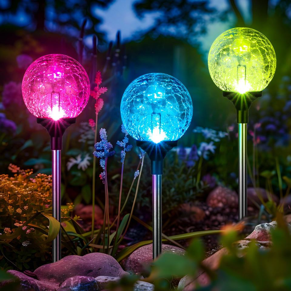 GIGALUMI cracked glass ball solar light adds colorful outdoor ambiance.