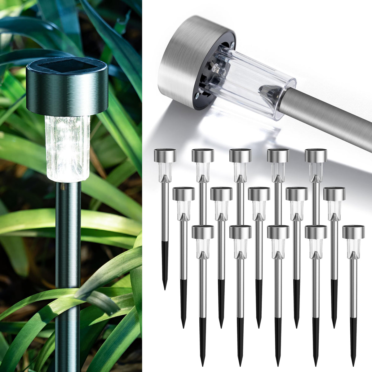 GIGALUMI 16-pack solar lights along stainless-steel pathway for elegant night visibility.