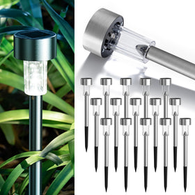 GIGALUMI 16-pack solar lights along stainless-steel pathway for elegant night visibility.